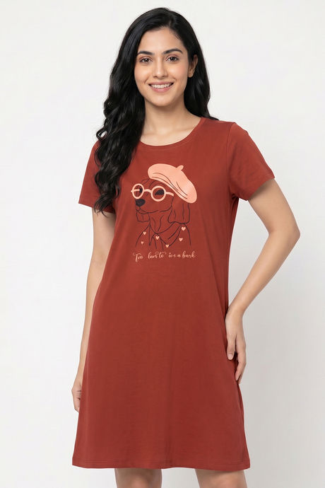Zivame Farm Lore Knit Cotton Knee Length Nightdress With In Built Slip On Bra - Burnt Brick — image 4